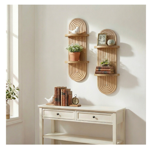 LeoHome Wandregal Eiche - Ovales Wandboard Gerillt (70x20 cm) - Hängeregal für Wohnzimmer