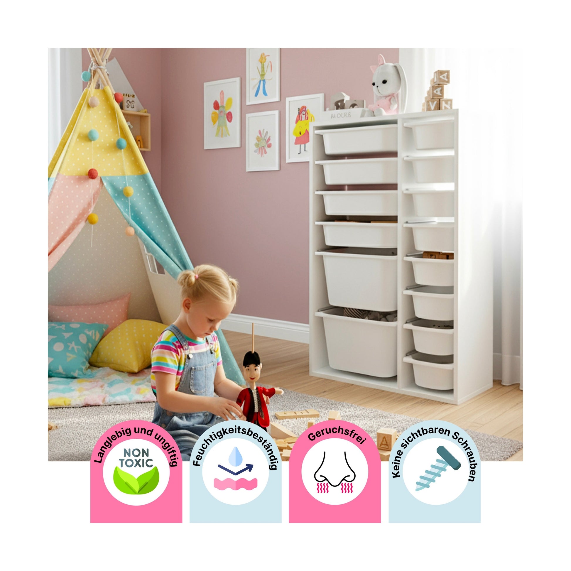 LEOKIDS Spielzeugregal mit Boxen – Kinderzimmer Aufbewahrung